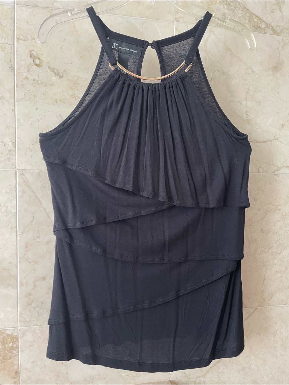 INC International Concepts Black Layered Halter Camisole with Gold Accent